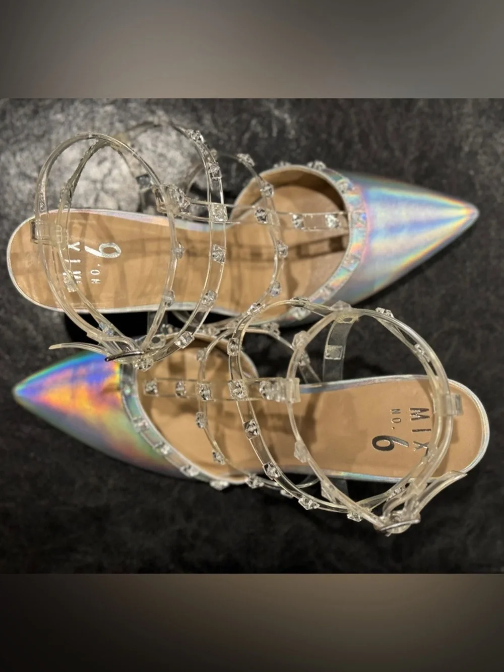 🪩 Mix No. 6 Liraven Caged Pump Heel in Iridescent/Clear Metallic with Studs